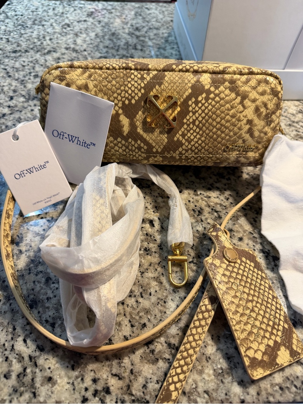 Off-White Beige Snake-Print Leather Crossbody Pouch with Gold Hardware